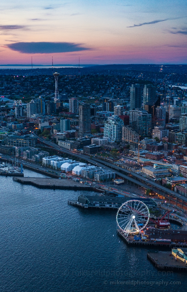 Aerial Seattle Dusk and the Wheel